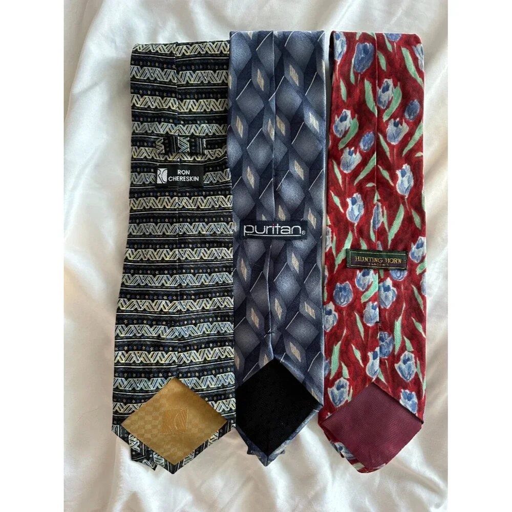 Vintage 100% Silk Ties Lot 3 Ron Chereskin Puritan Hunting Horn Floral Geometric